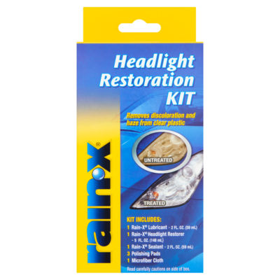 Rain‑X® Headlight Restoration Kit REMOVES DISCOLORATION AND HAZE FROM CLEAR PLASTIC! 