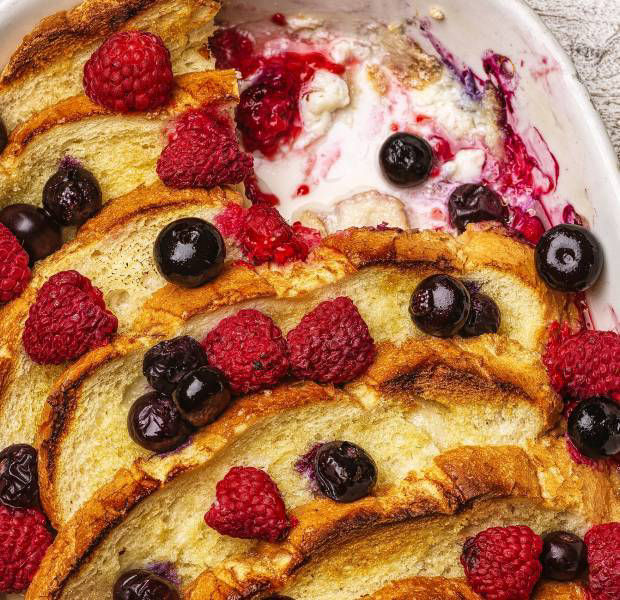 Bread and butter pudding with berries
