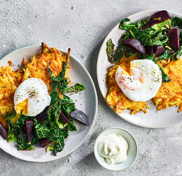 Root veg rösti with poached eggs and crispy cabbage