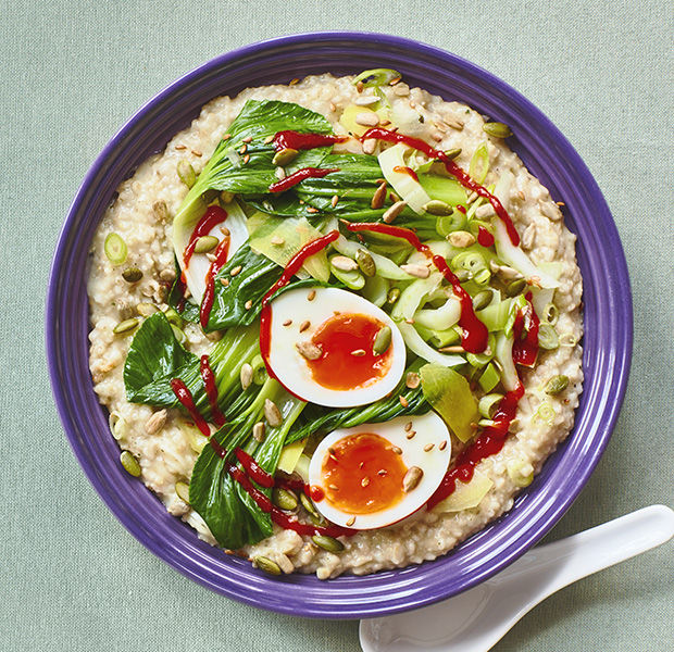 Porridge with pickled ginger greens and soft-boiled eggs