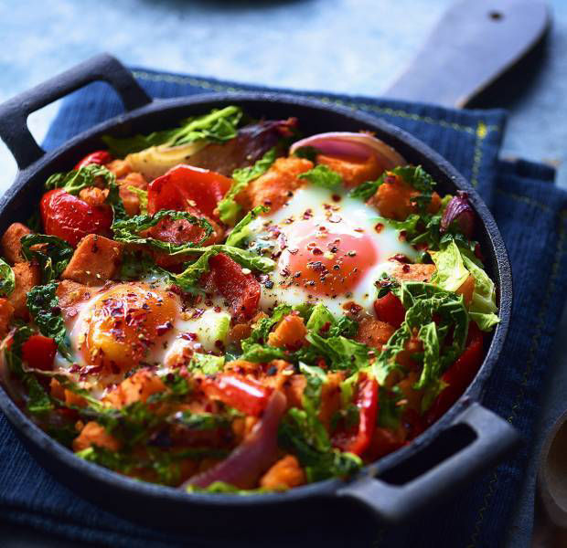 Savoy cabbage and sweet potato hash with eggs