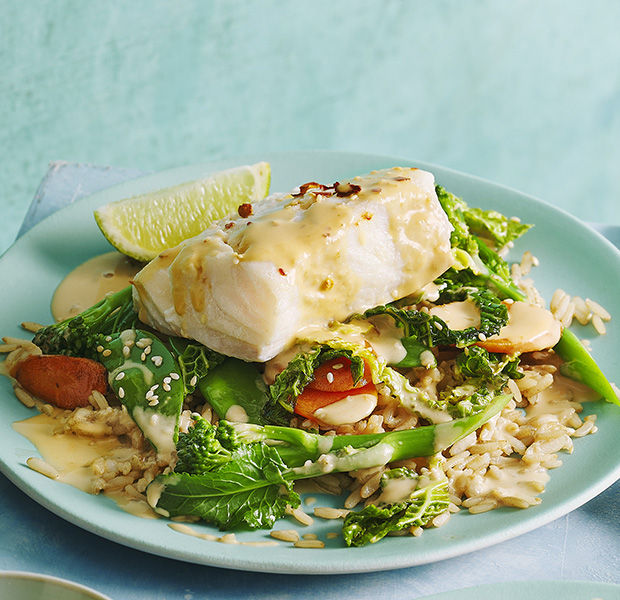 Asian-style cod with satay spring greens