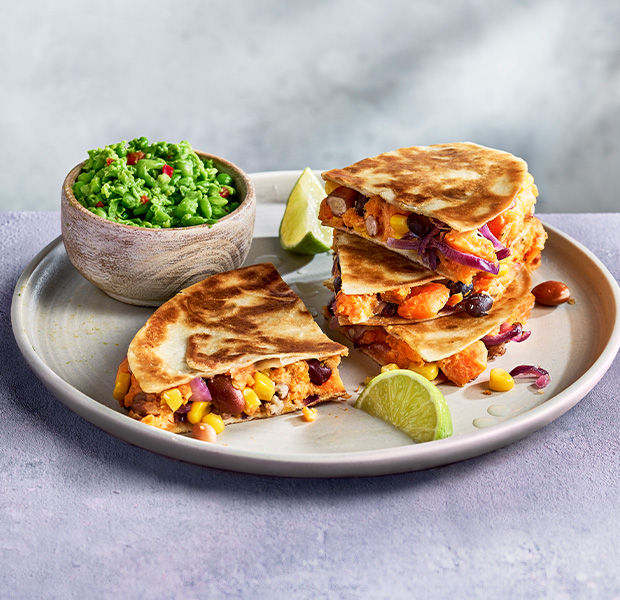 Sweet potato and bean quesadilla with smashed peas
