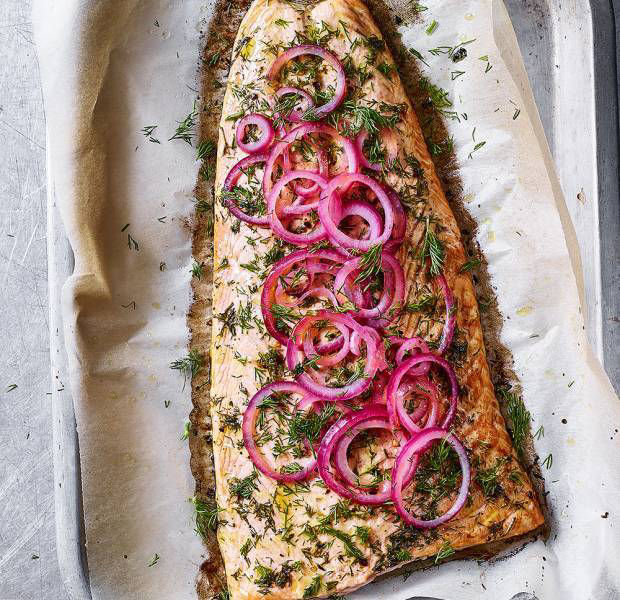 Salmon side with pink onions