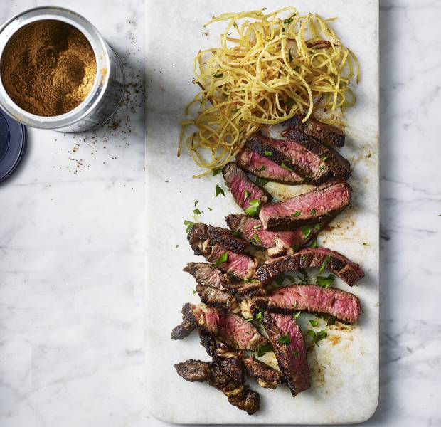 Coffee-rubbed steaks and matchstick fries