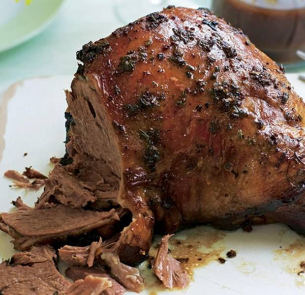 Slow-roasted leg of lamb with redcurrant gravy