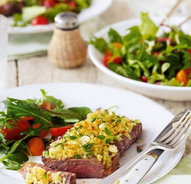 Steak with herb crumb topping