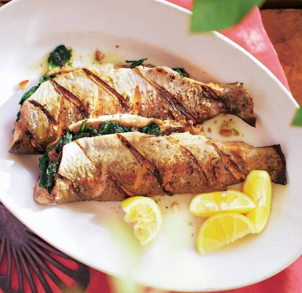 Trout stuffed with spinach & pine nuts
