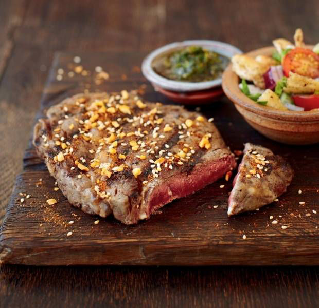 Rib-eye steak with dukkah crust and fattoush salad