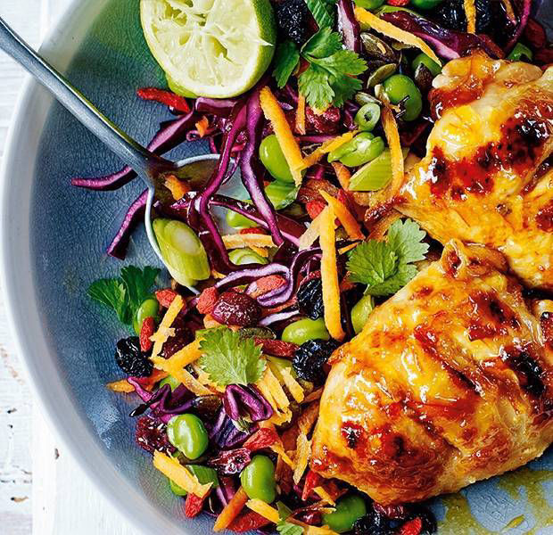 Sticky grilled ginger chicken with carrot salad