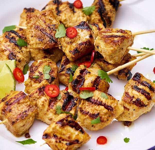 Coronation chicken skewers with mango and lime mayo