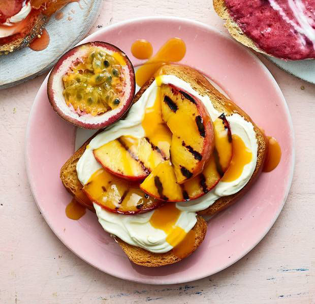Peach, passion fruit & crème fraîche smash toast