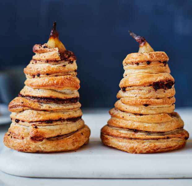 Pears in chocolate pastry spirals