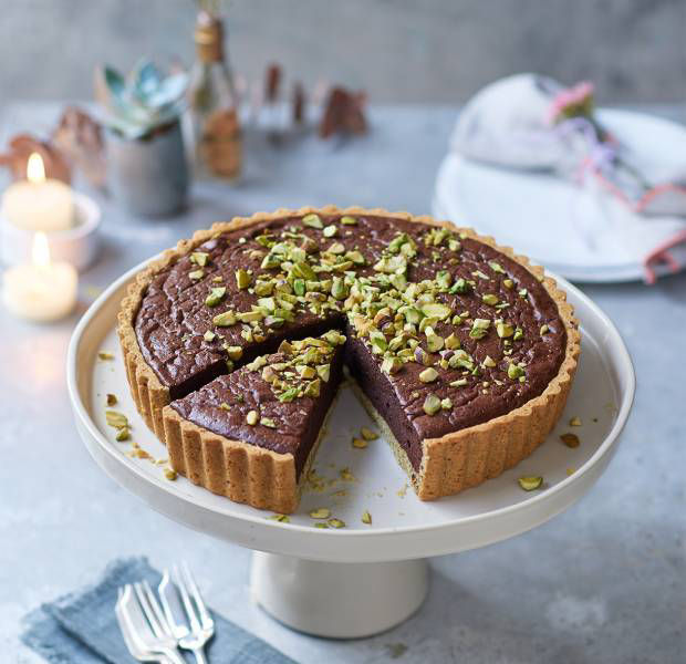 Chocolate mousse tart with pistachio pastry