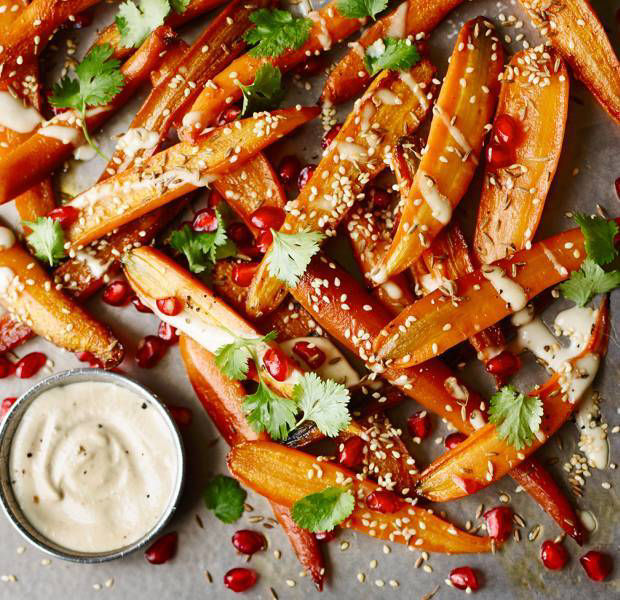 Roasted carrots with tahini and pomegranate seeds