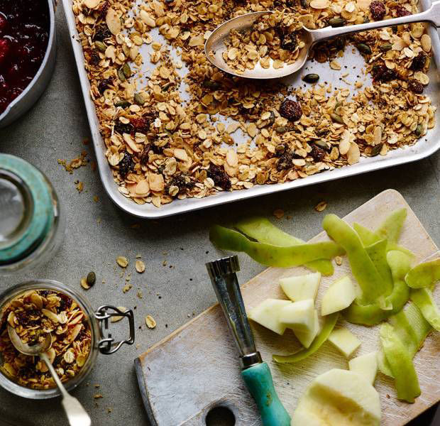Apple and berry granola layers