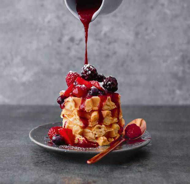 Waffle stack with maple berry compote