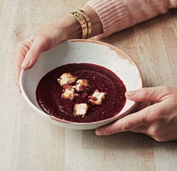 Beetroot soup with baked feta