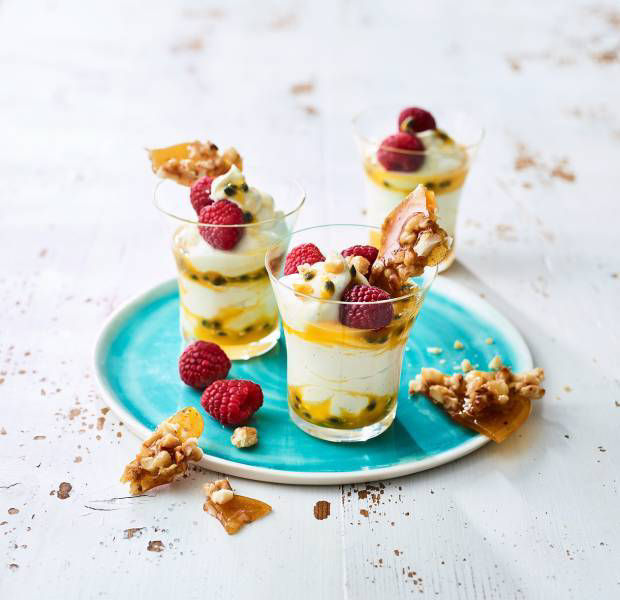 White chocolate mousse with passion fruit and macadamia brittle