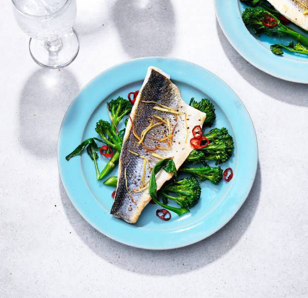 Sea bass with ginger and tenderstem broccoli stir-fry