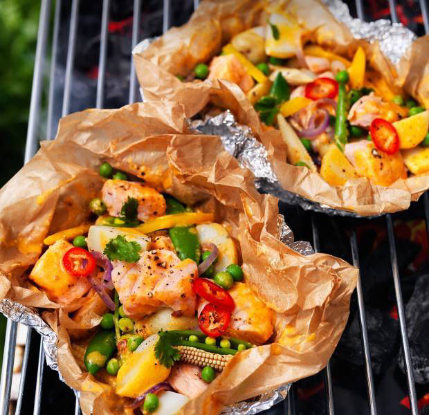Thai red curry salmon BBQ parcels