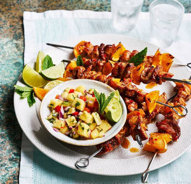 Pork skewers with pineapple and mint salsa