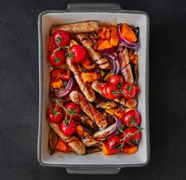 Sausage and Mediterranean vegetable tray bake