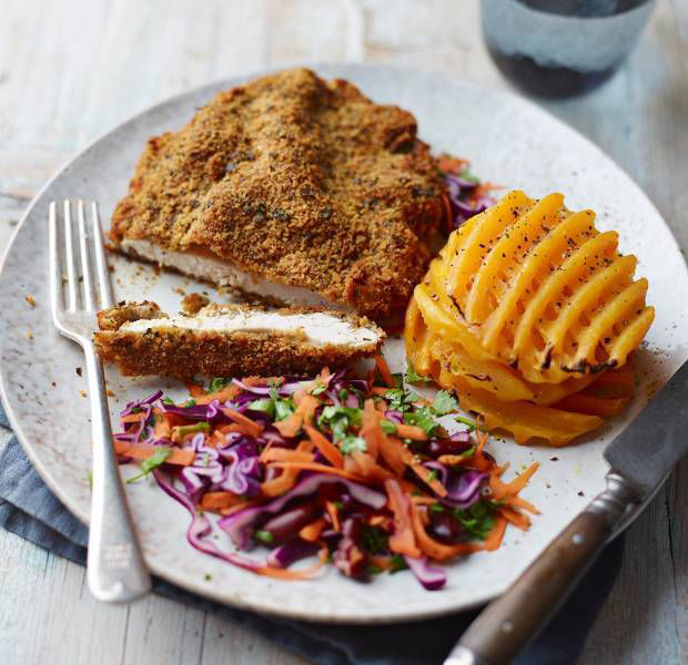 Crumbed chicken with butternut squash waffles