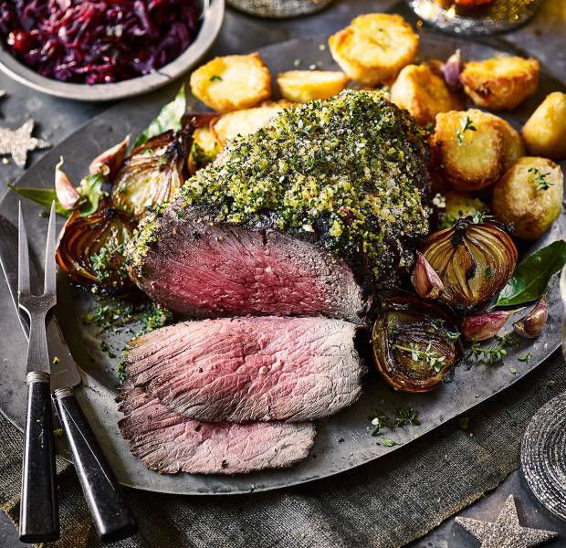 Roast beef with a mustard and herb crust