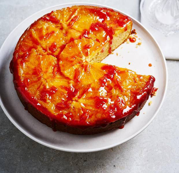 Orange upside-down cake with pink grapefruit drizzle