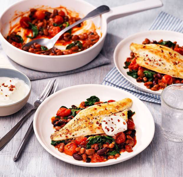 Mexican-spiced sea bass with mixed beans