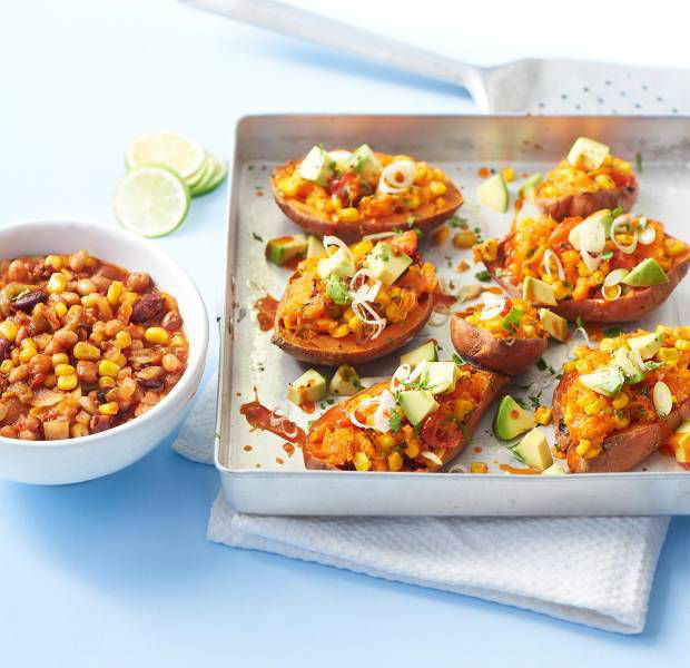 Twice-baked sweet potatoes with bean chilli