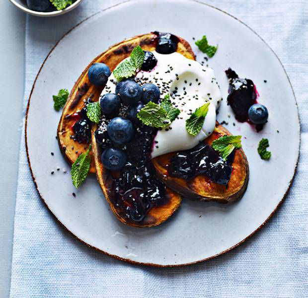 Sweet potato ‘toast’ with crème fraîche and blueberries
