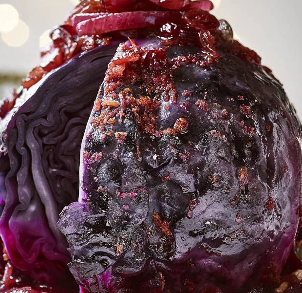 Whole spiced roasted red cabbage with pears
