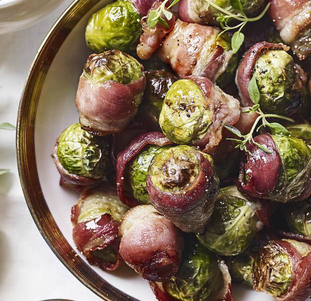 Baked bacon-wrapped balsamic sprouts
