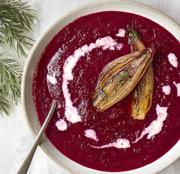 Vegan roasted apple balsamic beetroot soup with maple shallots & ‘cheese’ croutons