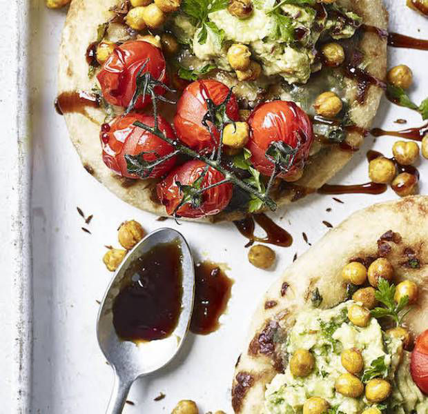 Smashed avocado with chickpeas on red onion and mozzarella flatbreads