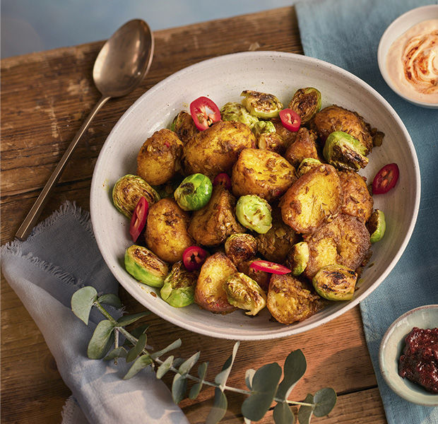 Indian spiced leftover roasties & brussels sprouts