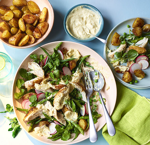 Rotisserie chicken salad with aioli and new potatoes 