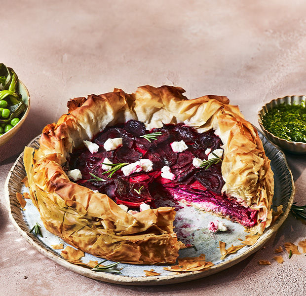 Celeriac and beetroot galette with salsa verde