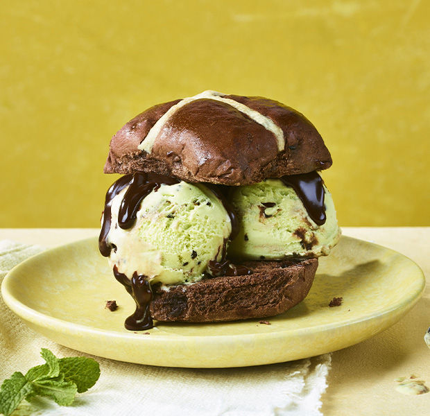 Mint chocolate hot cross bun ice cream sandwich