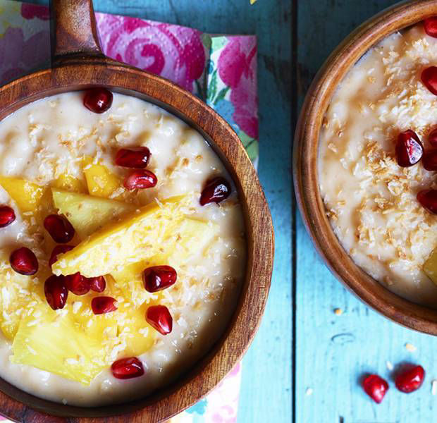 Fruity coconut rice puddings