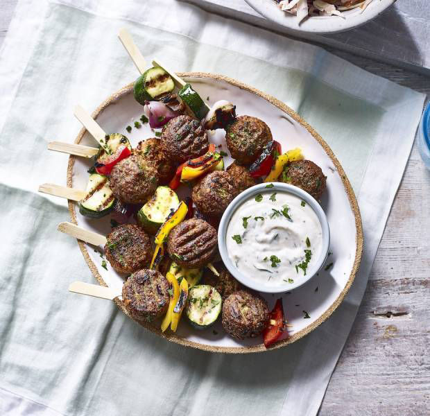 Meat-free meatball and veg skewers
