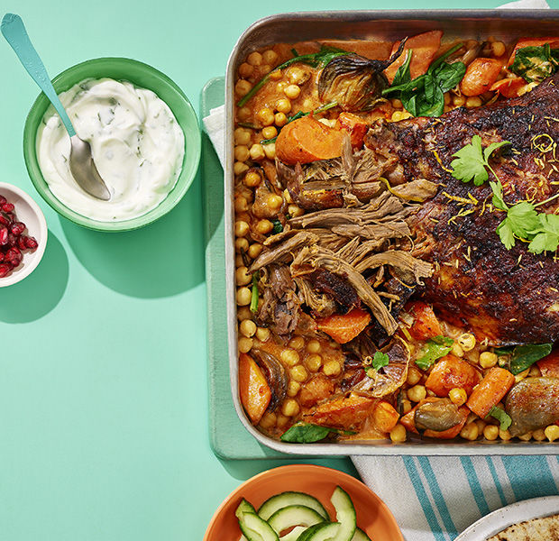 Harissa roasted lamb shoulder with chickpeas
