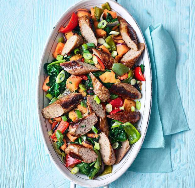 Turkey sausage, spinach and sweet potato hash