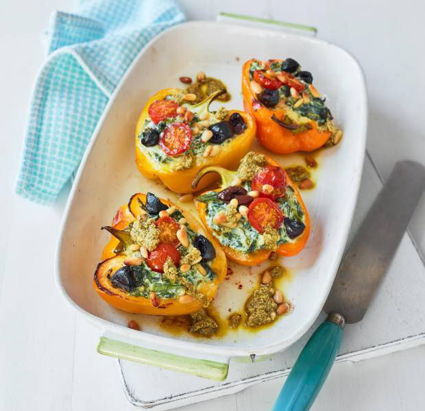 Spinach, olive and ricotta stuffed peppers