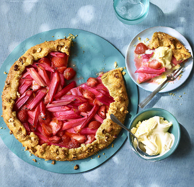 Rhubarb and strawberry galette with clotted cream 