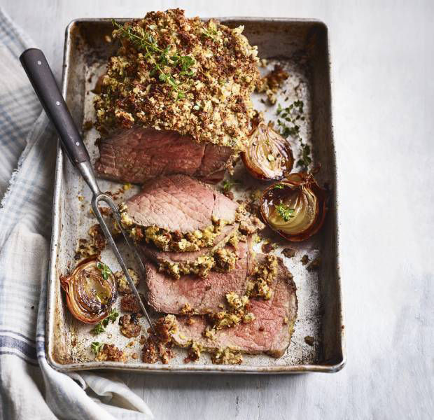Beef with a mustard and Stilton crust