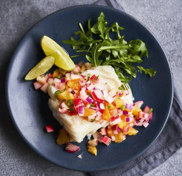 Cod fillets with a rhubarb and citrus salsa
