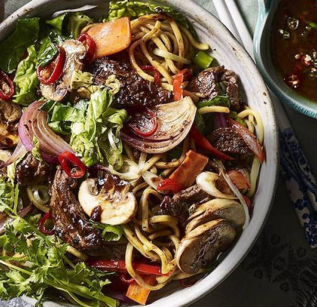 Beef and black bean stir-fry with noodles